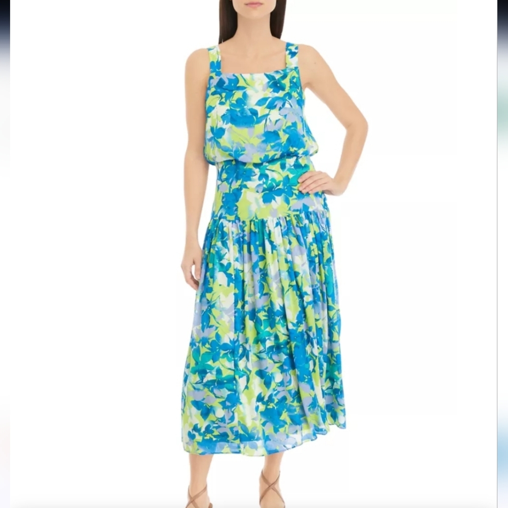Taylor Blue and Green Floral Midi Dress
